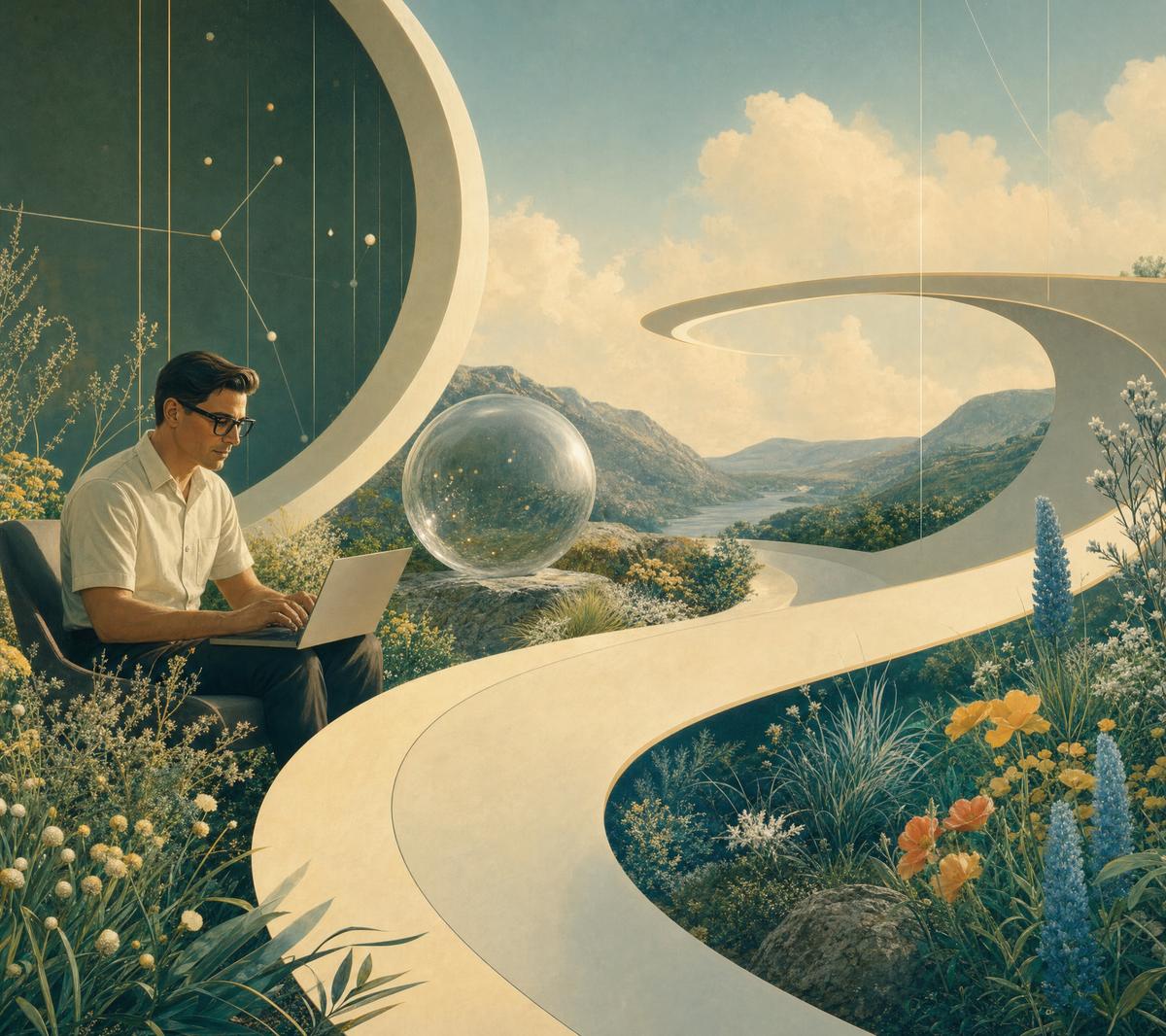 A man works on a laptop beside a path through the hills